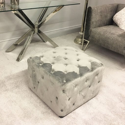Soft Grey Velvet Square Stool With Tufted Buttons