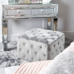Grey Velvet Square Stool With Tufted Buttons