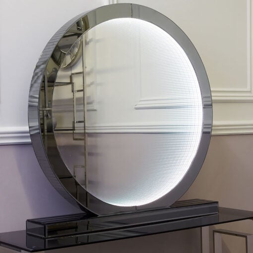 Large Smoked Mirror Round Table Lamp With Infinity Lights