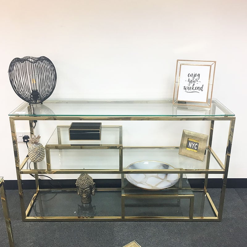 Lucia Gold Glass Multi Shelf Shelving, Glass Console Table With Shelf Uk