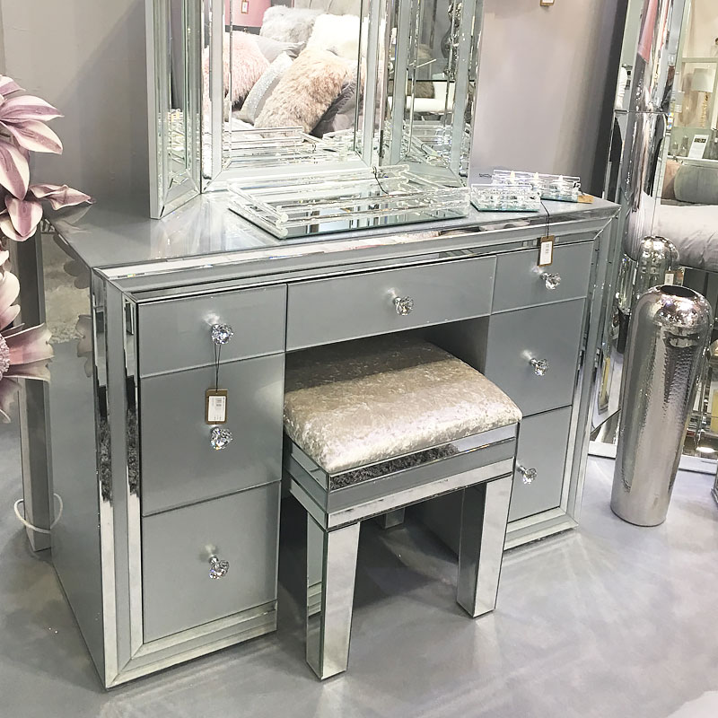 Madison Grey Crushed Velvet Mirrored Vanity Dressing Stool Picture Perfect Home
