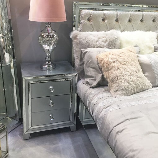 Madison Grey Glass 3 Drawer Mirrored Bedside Cabinet