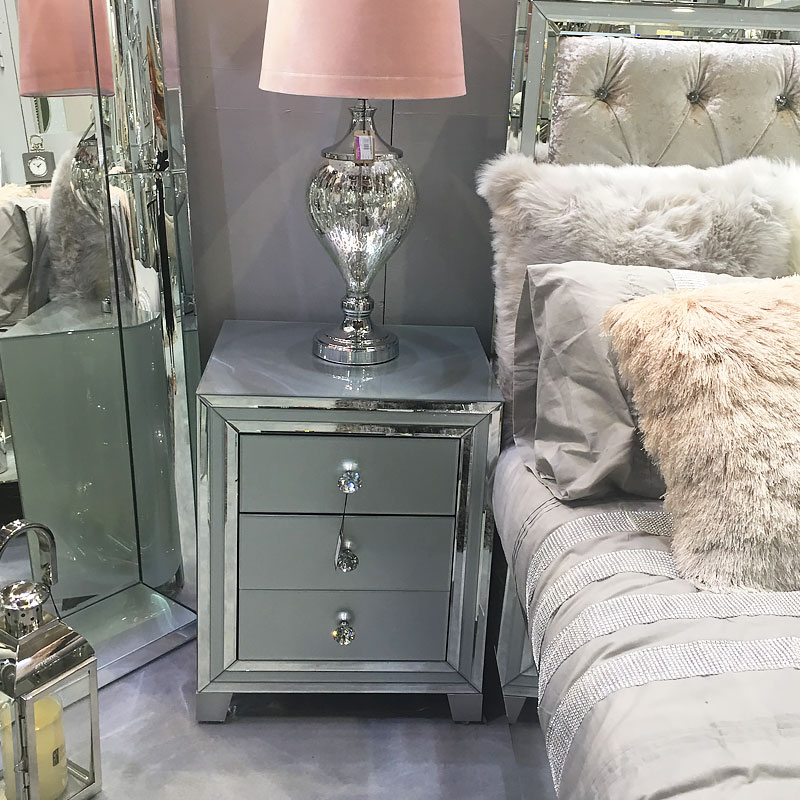Madison Grey Glass 3 Drawer Mirrored Bedside Cabinet | Picture Perfect Home