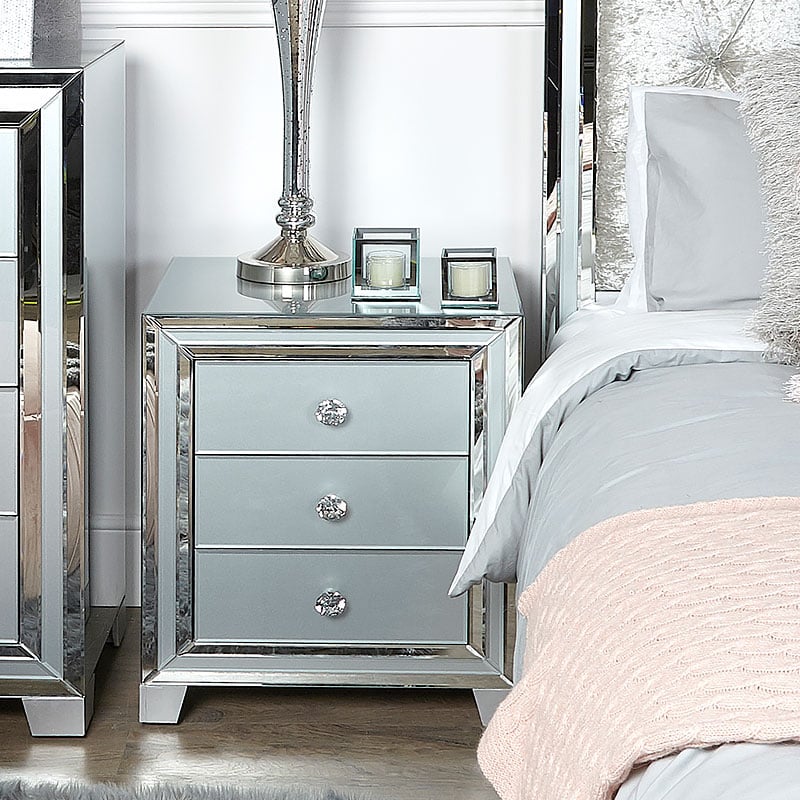 Madison Grey Glass 3 Drawer Mirrored Bedside Cabinet Picture