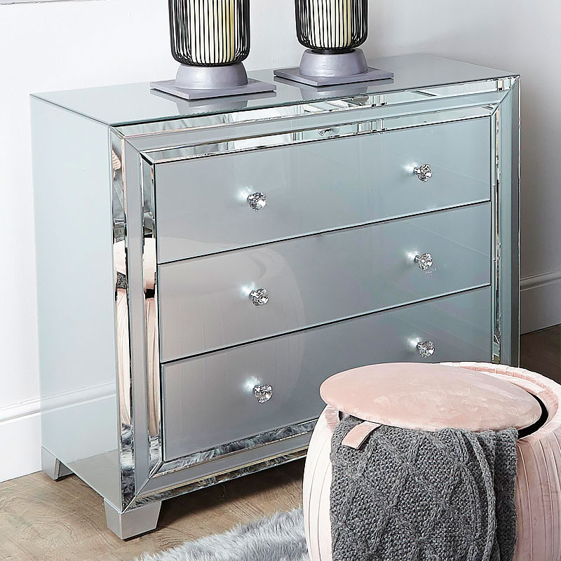 Madison Grey Glass 3 Drawer Mirrored Chest Of Drawers Picture