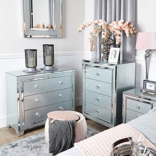 Madison Grey Glass 3 Drawer Mirrored Chest Of Drawers Cabinet