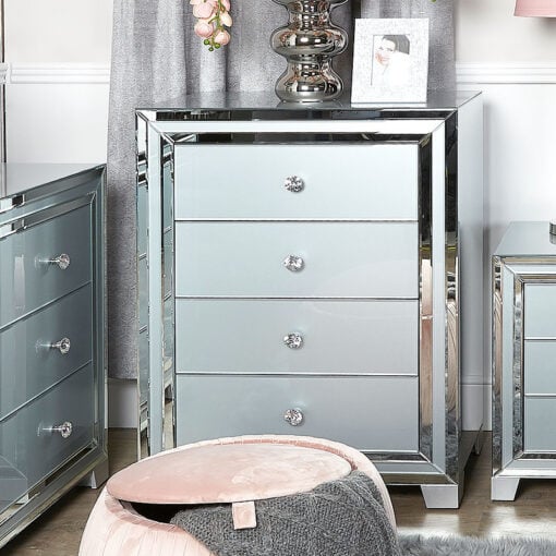 Madison Grey Glass 4 Drawer Mirrored Cabinet Chest of Drawers