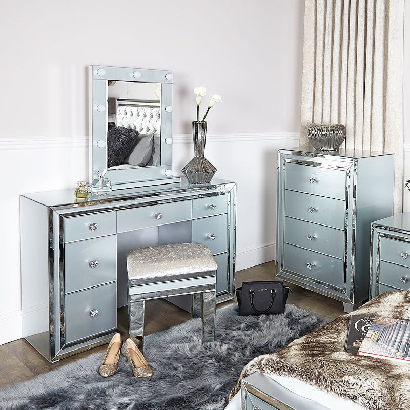 Madison Grey Glass 7 Drawer Mirrored, Dressing Table With Mirrored Drawers