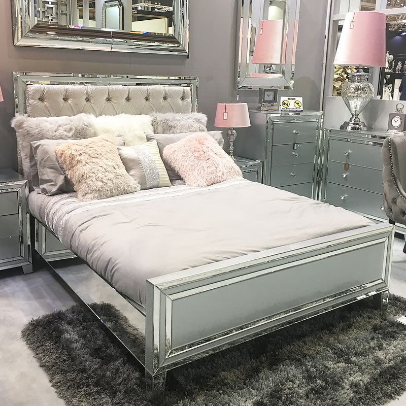 Madison Grey Mirrored King Size Bed, Mirror Bed Frame