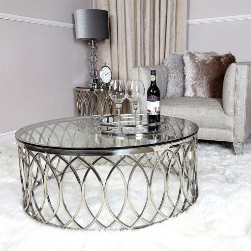 Primrose Silver Chrome Metal And Glass Round Large Coffee Table