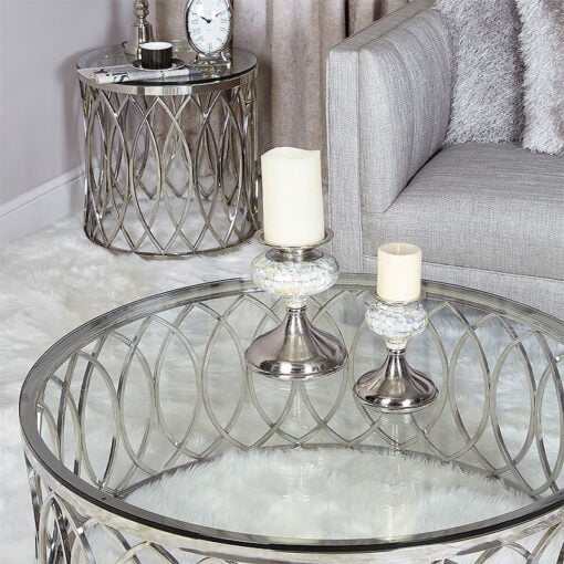 Primrose Silver Chrome Metal And Glass Round Large Coffee Table