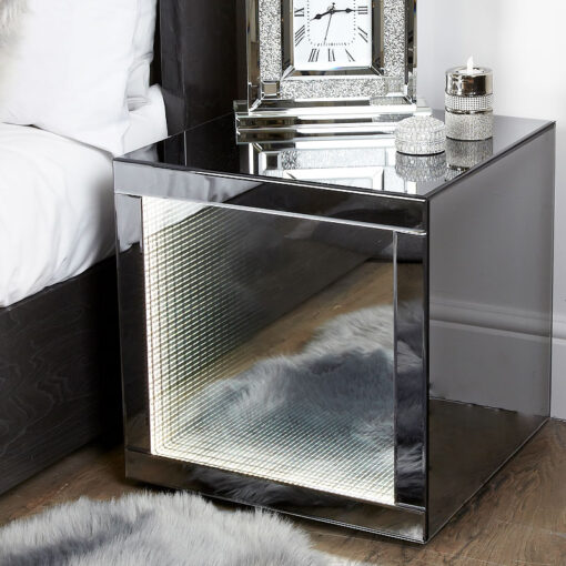 Smoked Mirror Cube End Side Table Bedside Table With Infinity Lights