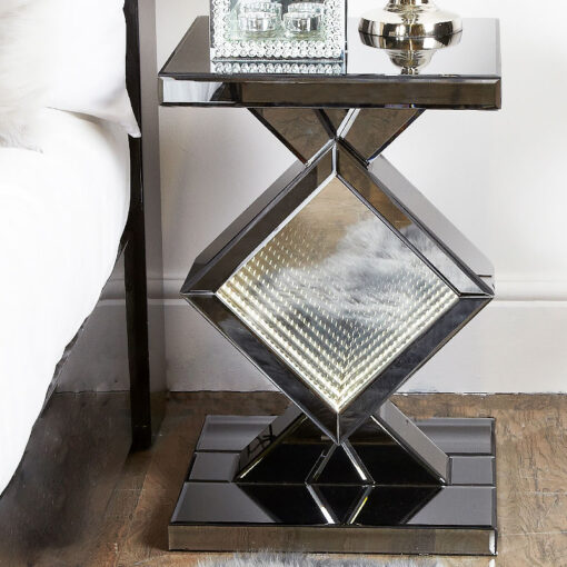 Smoked Mirror Infinity LED Diamond End Side Table Bedside Table