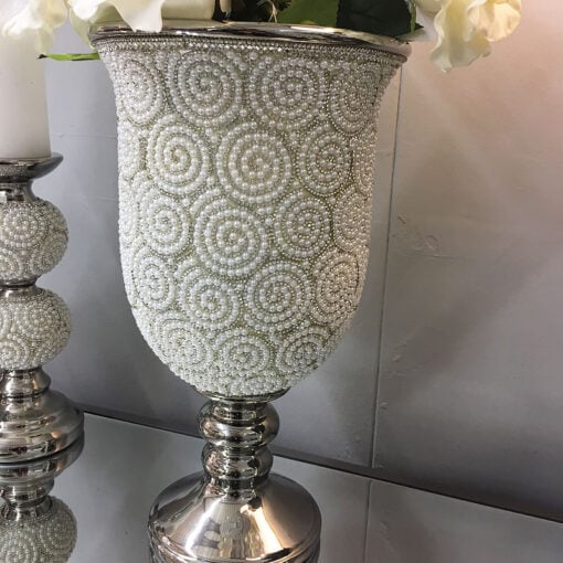 Urn Pearl Swirl Vase Handcrafted In Ceramic With Pearls And Crystals
