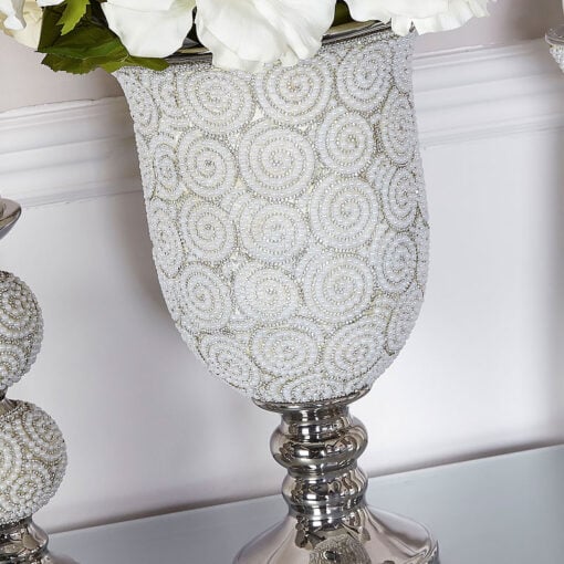 Urn Pearl Swirl Vase Handcrafted In Ceramic With Pearls And Crystals