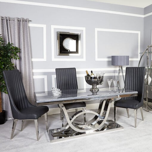 Zenia Grey And Chrome Dining Table And 6 Dark Grey Dining Chairs Set