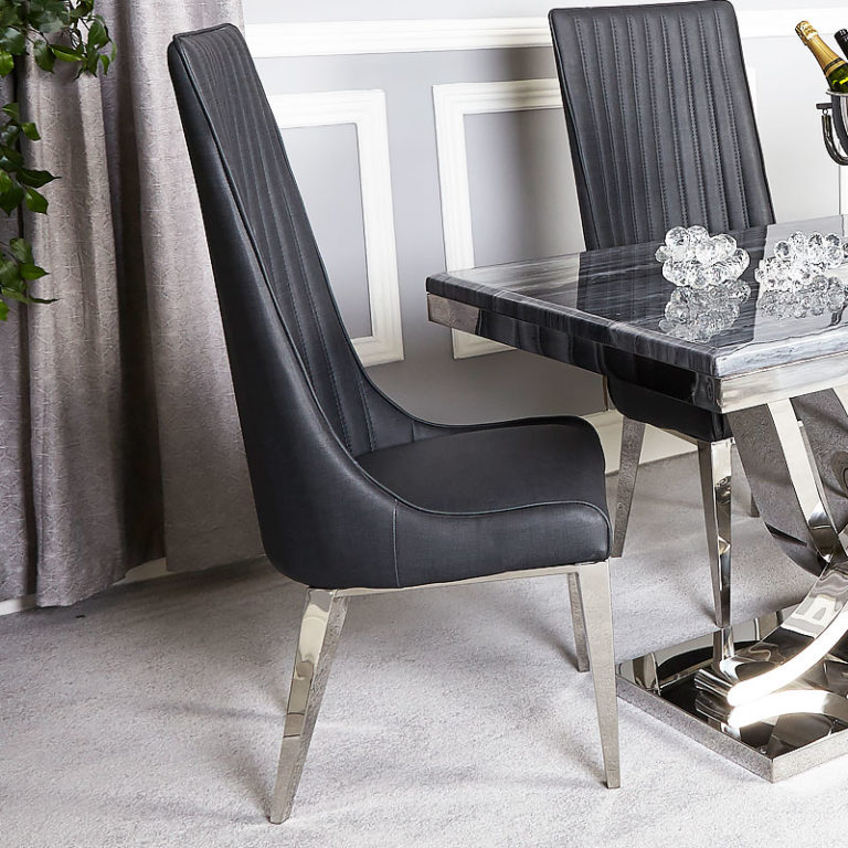 Zenia Grey And Chrome Dining Table And 6 Dark Grey Dining Chairs Set
