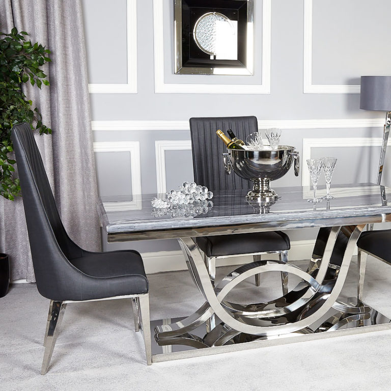 Zenia Grey And Chrome Dining Table And 6 Dark Grey Dining Chairs Set