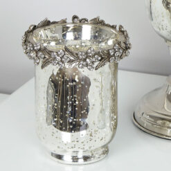 Antique Silver Glass Hurricane Candle Holder With Diamante Flower Trim