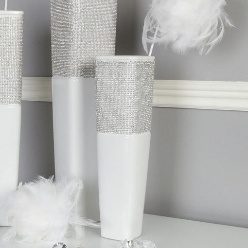 Decorative 40cm White Ceramic & Clear Crystal Decor Vase Pot