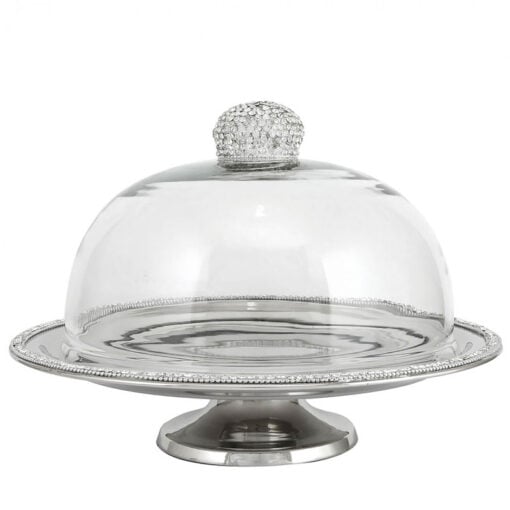 Diamond Glitz Clear Glass Cake Dome On Nickel Stand 32cm