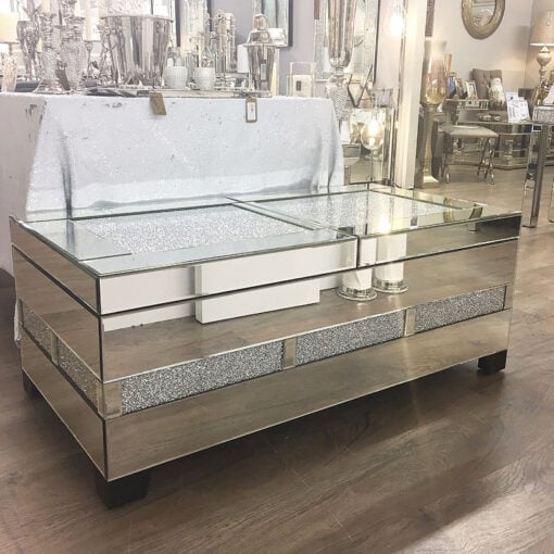 Diamond Glitz Mirrored Crystal Coffee Table Wine Storage Compartment