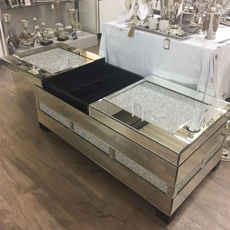 Diamond Glitz Mirrored Crystal Coffee Table Wine Storage Compartment