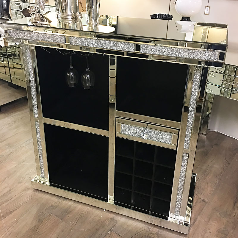 Diamond Glitz Mirrored Wine Bar With, Mirrored Wine Cabinet