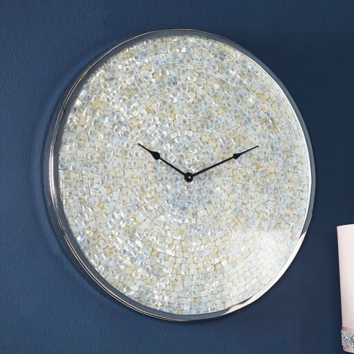 Ella 60cm Wall Clock With A Nickel Base And A Mother Of Pearl Mosaic