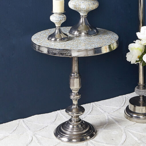 Ella End Table With A Nickel Base And Mosaic Mother Of Pearl Table Top