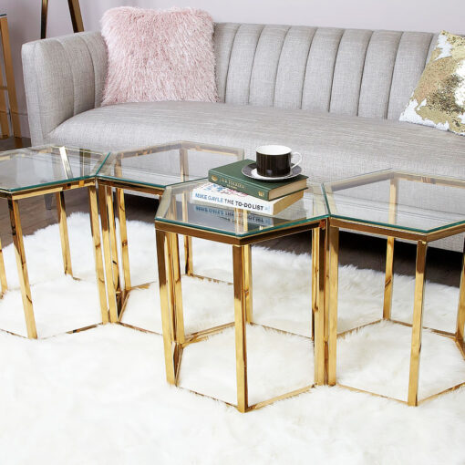Fleur Hexagon Gold Metal End Side Table With Toughened Clear Glass Top