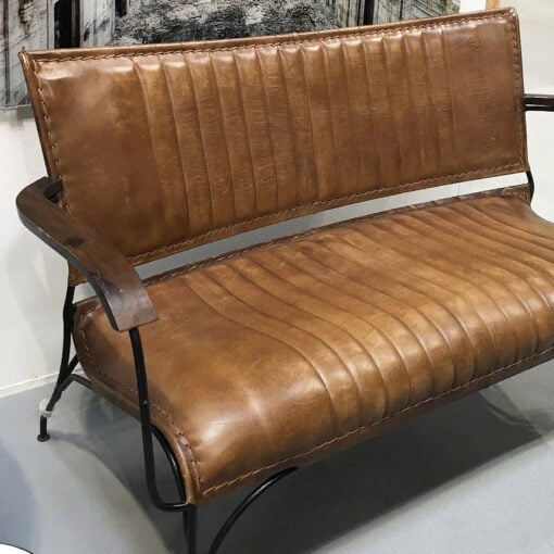 Genuine Leather Walnut Brown Industrial Retro Vintage Style Bench Sofa