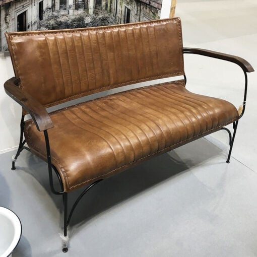 Genuine Leather Walnut Brown Industrial Retro Vintage Style Bench Sofa