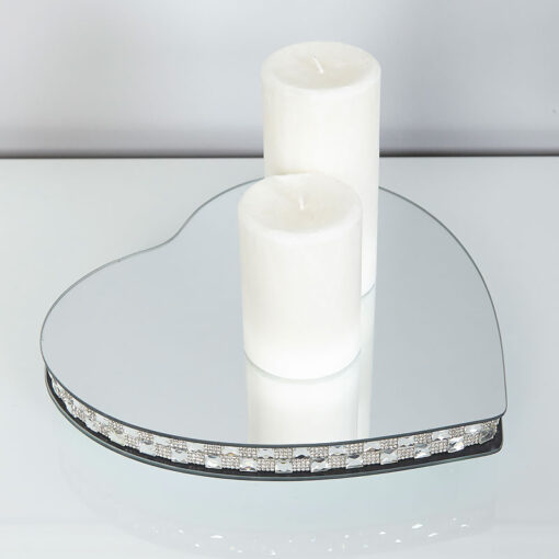 Large Chequered Silver Mirror Heart Candle Plate With Feet
