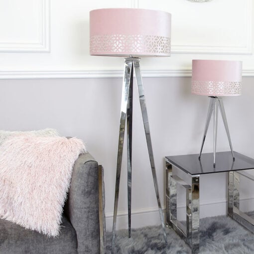 Large Chrome Hollywood Floor Lamp With 19-inch Blush Pink Shade