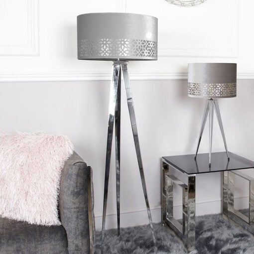 Large Chrome Hollywood Floor Lamp With Grey Shade
