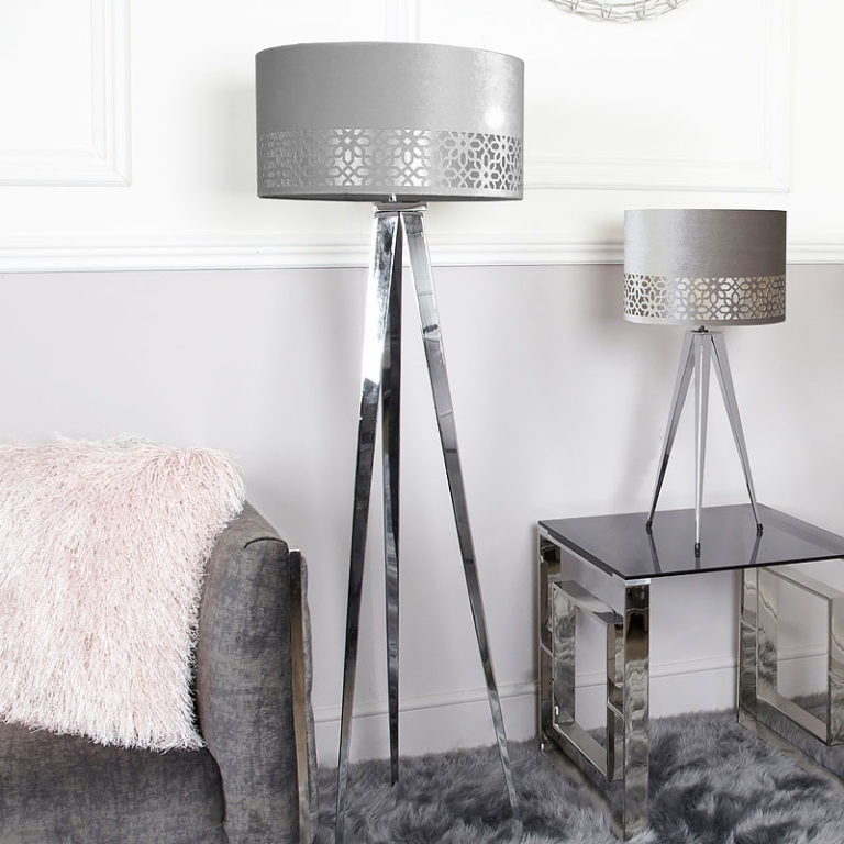 Silver Chrome Contemporary Tripod Floor Lamp With A Grey Shade 160cm