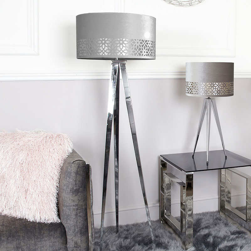 Large Chrome Hollywood Floor Lamp With Grey Shade | Picture Perfect Home