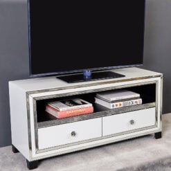 Madison White Mirrored Glass 120cm 2 Drawer TV Cabinet Stand