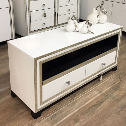 Madison White Mirrored Glass 120cm 2 Drawer TV Cabinet Stand