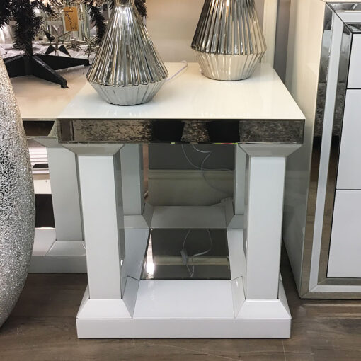 Madison White Mirrored Glass Pillar Leg End Side Table Bedside Table