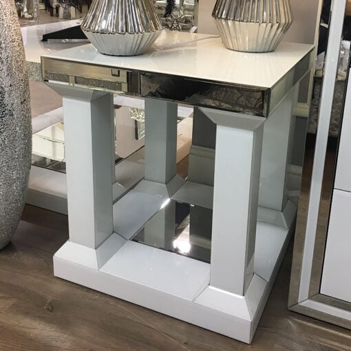 Madison White Mirrored Glass Pillar Leg End Side Table Bedside Table