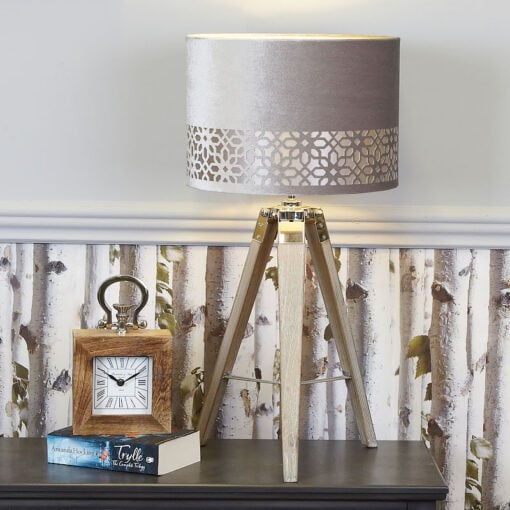 Medium Wood Tripod Table Lamp With Grey Velvet Shade
