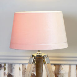 Medium Wood Tripod Table Lamp With Pink Shade