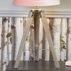 Medium Wood Tripod Table Lamp With Pink Shade