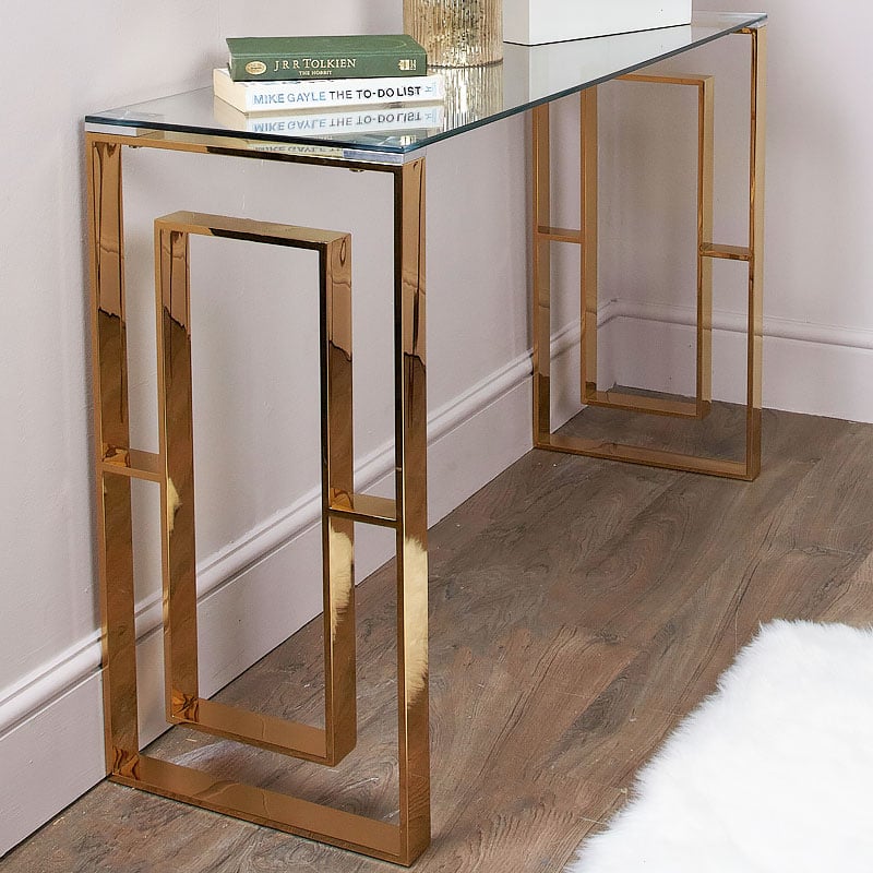 Plaza Gold Contemporary Clear Glass, Console Table Gold Glass