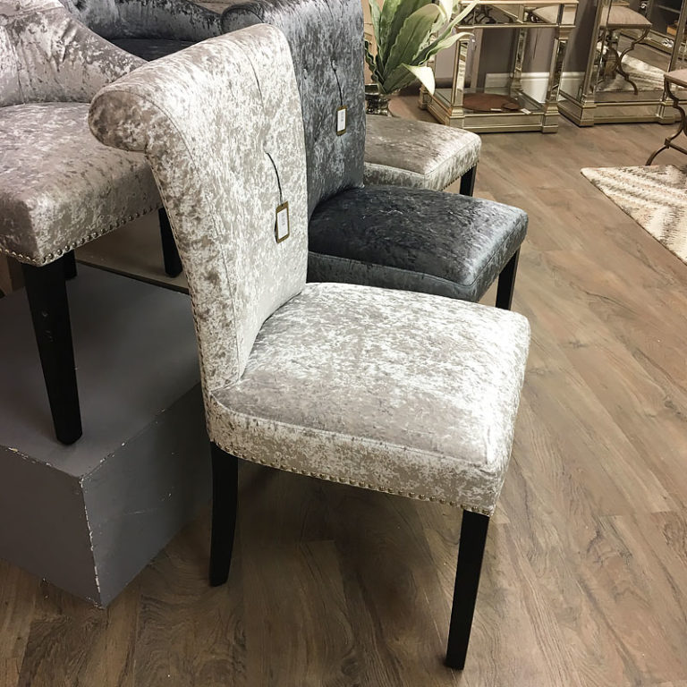 Leopold Silver Crushed Velvet Dining Chair With A Deep Button Back