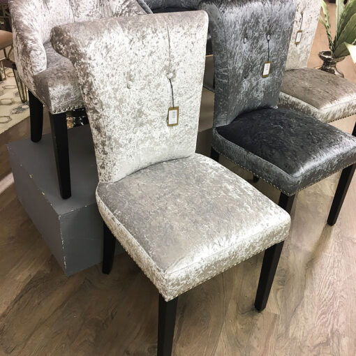 Leopold Silver Crushed Velvet Dining Chair With A Deep Button Back