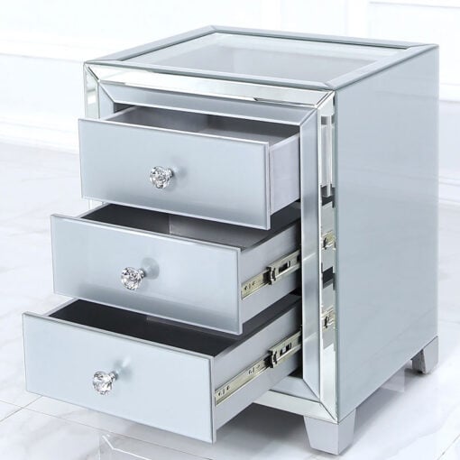Madison Grey 3 Drawer Mirrored Display Bedside Cabinet With Clear Top