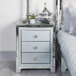 Madison Grey 3 Drawer Mirrored Display Bedside Cabinet With Clear Top